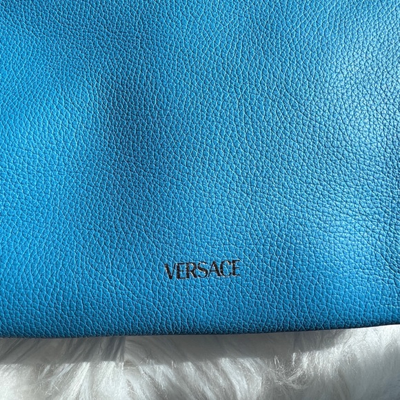 NEW! VERSACE La Medusa Blue Leather Drawstring Hobo Satchel Bucket Bag Travel - Picture 15 of 17